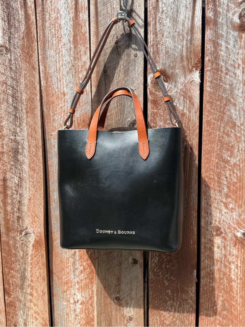 Dooney & Bourke Black Leather Messenger Tote with Brown Accents - Picture 1 of 4